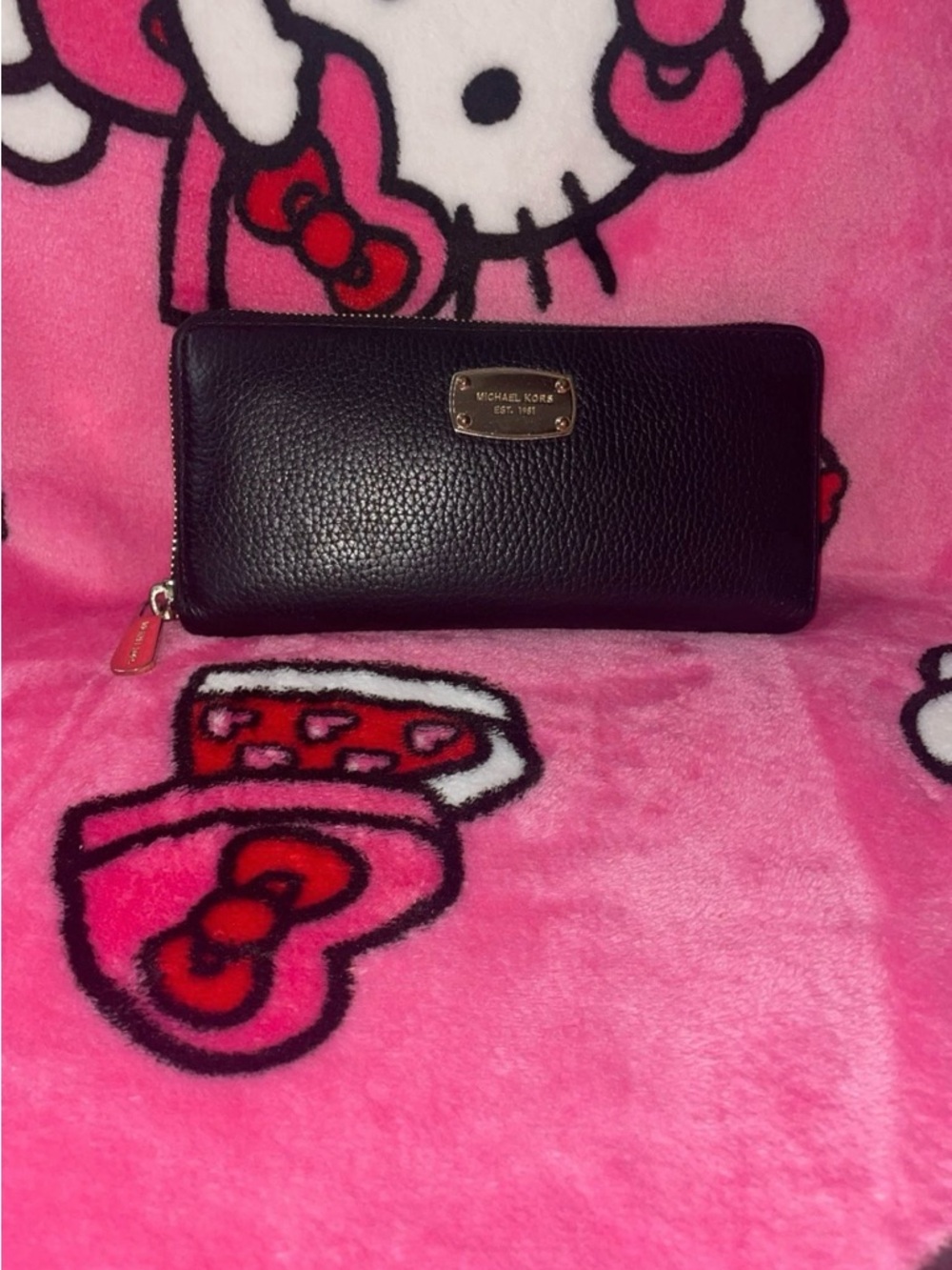 Michael Kors Black Pebbled Leather Zip-Around Wallet with Gold Plaque